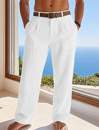  Herren Hose aus Baumwollleinen Hose Sommerhose Baggy-Hosen Strandhose Tasche Einfarbig Komfort Atmungsaktiv Volle Länge Lässig Täglich Outdoor Urlaub Mode Blau Schwarz Unelastisch