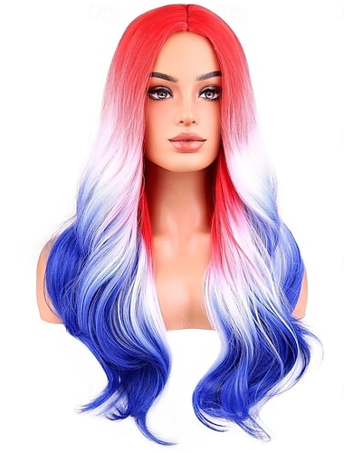 Perruques longues et ondulées de 4 juillet pour femmes et filles perruque naturelle bouclée rouge blanche et bleue résistante à la chaleur synthétique pour les fêtes cosplay costumes