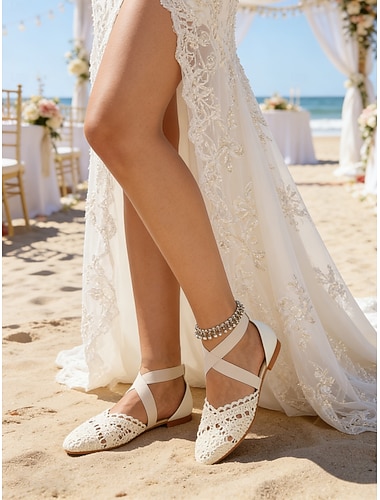  Dámské bílé háčkované krajkové balerínky, boho svatební boty s kříženými pásky pro svatbu na pláži
