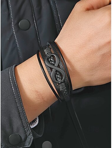  Herenarmband van imitatieleer en legering met oneindigheidssymbool, meerlaags gevlochten ontwerp, casual vintage stijl, verkrijgbaar in verschillende kleuren, perfect voor vakantie en alledaagse casual outfits.