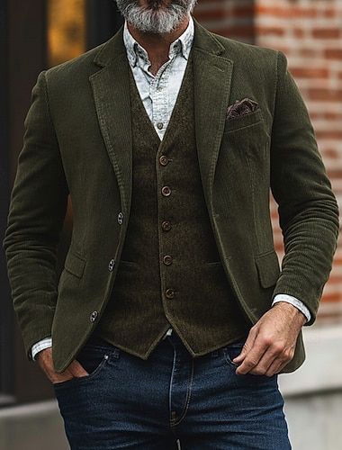 Homme Veste en Velours Côtelé Col cranté Mode Classique Occasionnel Couleur Unie Blazer Noir Marron Vert Coupe sur mesure Simple boutonnage à trois boutons