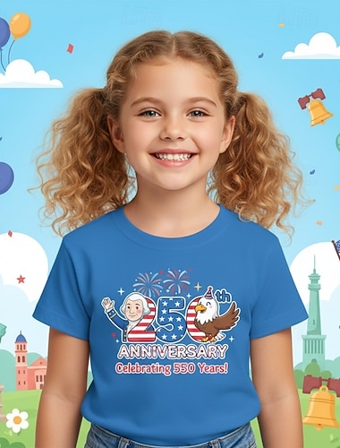  Mädchen 3D Grafik 250-jähriges Jubiläum T-Shirt Kurzarm 3D-Druck Sommer Frühling Sport Mode Streetwear Kinder 4-12 Jahre Rundhalsausschnitt Lässig Täglich Outdoor Normale Passform