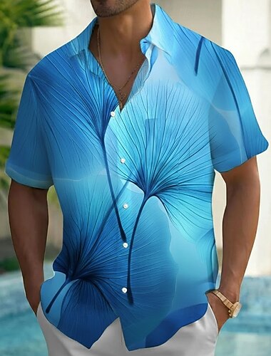  Herr Löv Gradientfärg Tropiska växter Hawaii skjorta Knapp upp skjorta Aloha skjorta Kortärmad Hawaiisk Semester Sommar Vår Nedvikt 3D-utskrift krage skjortor Främre en ficka Blå Rodnande Rosa Purpur