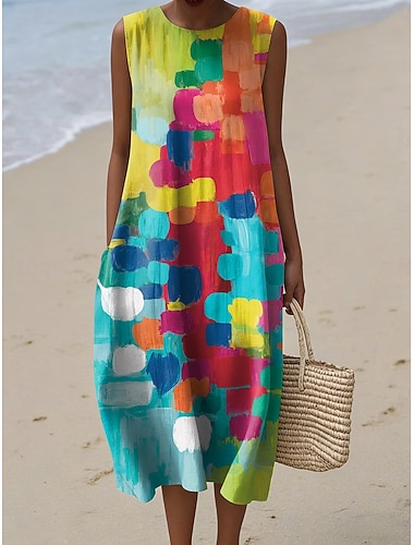 Robe Midi Femme Lin Comme Robe Shift Vacances Décontractée Plage Sortie Coupe Lâche Graphique Géométrique Sans Manches Col Rond Bleu Rouge Violet Vert Été Printemps