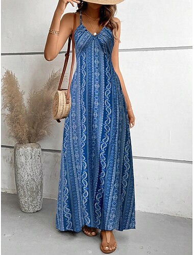  Damen Maxikleid Blumenkleid Unterkleid Boho-Kleid Elegant Mode Modern Outdoor Strand Urlaub Normale Passform Einfach Ärmellos V Ausschnitt Blau Gelb Rote Burgunderrot Sommer Frühling