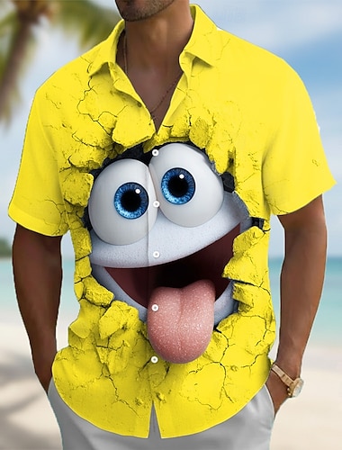  Homme Illusion d'optique Dessin Animé 3D Visage Souriant Chemise Chemise Boutonnée Manche Courte Drôle Quotidien Vacances Été Printemps Col Rabattu Impression 3D chemises à col Bleu Jaune