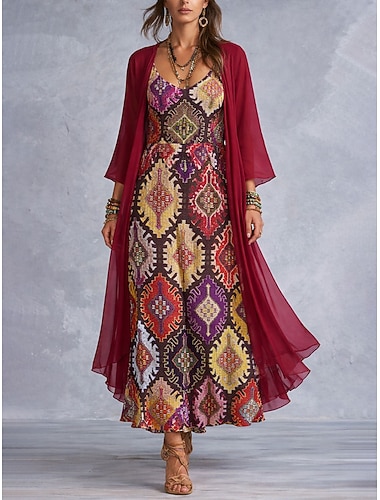  Damen Kleid-Set A Linie Kleid Urlaub Boho Grafik Paisley-Muster Geschichtet Druck Maxikleid Dreiviertelarm V Ausschnitt Täglich Urlaub Rote Orange Grün Sommer Frühling Normale Passform
