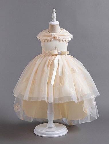  Blomsterpikekjole Jente Formell kjole Bryllupsantrekk Fest Bryllup Formell Bedårende Formelt Prinsesse Lapper Netting Helfarge Ermeløs Crew-hals Blå Champagne 4 år +