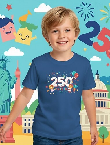  Katoen 100% katoen Kinderen Jongens blauw Zwart Wit Grafisch 250-jarig jubileum T-shirt Blouse Strakke ronde hals Korte mouw Buiten Dagelijks gebruik Modieus Streetwear Ontwerper Opdrukken Zomer