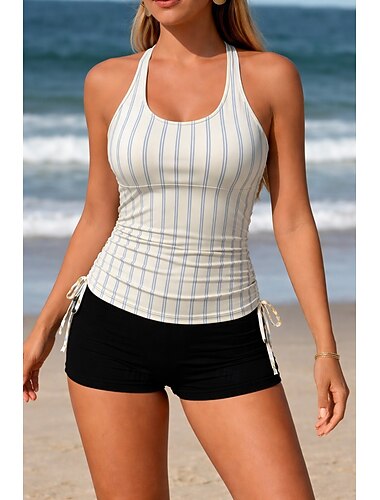  Damen Badeanzug Tankini Zweiteilig Shorts Bademode Bauchkontrolle Hohe Taille Schlank Rückenfrei Urlaub Strandbekleidung Gestreift U-Ausschnitt Ärmellos Badeanzüge