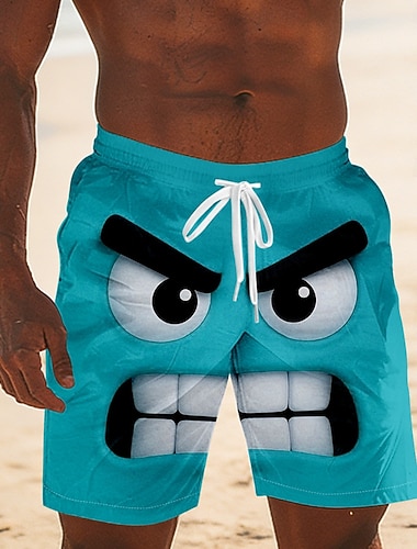  Herren Optische Täuschung 3D Zeichentrick Lächelndes Gesicht Badehosen Badeshorts Boardshorts Mittlere Taille Lustig Hawaiianisch Strandurlaub Seitentaschen Netzfutter Elastischer Kordelzug in der