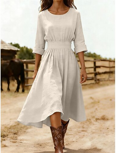  Damen Midikleid A Linie Kleid Urlaub Lässig Normale Passform Einfach Dreiviertelarm Rundhalsausschnitt Blau Schwarz Rosa Marineblau Sommer Frühling Herbst