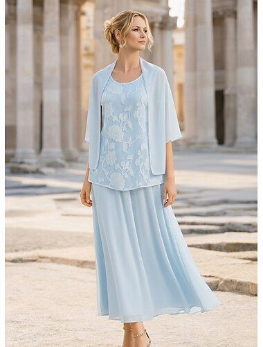  3 -delt drakt Te-lengde Midi kjole Kjole til brudens mor Langermet Øsehals Elegant Årgang Formell Bryllupsgjest Semi-formelt Chiffon Jacquard Innpakking inkludert med Kappe Blomst