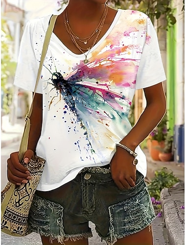  Femmes T-shirt Imprimé Graphique Libellule ancien Élégant Classique Manche Courte Col en V Hauts Réguliers Quotidien Bleu Blanche Orange Été Printemps