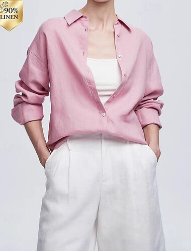  Damen Baumwoll-Leinen-Hemden Bluse Knöpfe Einfach Elegant Stilvoll Langarm Hemdkragen Normale Oberteile Täglich Arbeit Ferien Blau Weiß Rosa Frühling Herbst