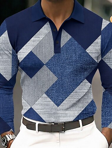  Herre Farveblok Geometrisk Polo skjorter Langærmet Polo skjorter Knaphul Forretningsmæssigt afslappet udendørs atletiktøj Dagligdagstøj 3D-udskrivning Knapper Forår Efterår Blå Navyblå Lilla