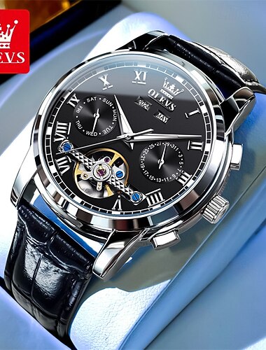  Nuevo reloj de negocios para hombre Olevs con luz nocturna, fase lunar, calendario, pequeñas subesferas, ventana transparente, visualización del mes, reloj mecánico completamente automático con diseño