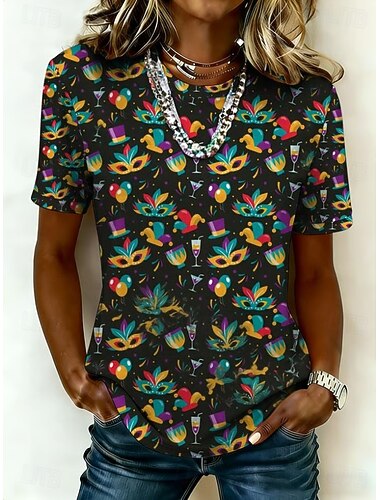  Carnaval Dames T-shirt Afdrukken Grafisch Vintage Modieus Stijlvol Korte mouw Strakke ronde hals Lange tops Dagelijks Zwart Wit Donkergroen Paars Zomer Lente
