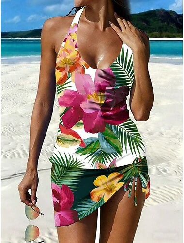  Naisten Uima-asut Tankini 2 kpl Hame Uimapuku Kurenauha Tyylikäs Loma Kukka Kauha Hihaton Uimapuvut