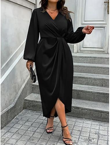  Damen Midikleid Etui-Kleid Elegant Mode Outdoor Urlaub Ausgehen Normale Passform Einfach Langarm V Ausschnitt Stehkragen Schwarz Marineblau Grün Frühling Herbst