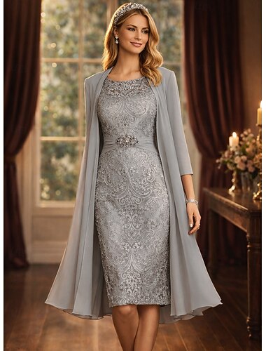  Kleidsets knielanges Hochzeitsgastkleid Mutter der Braut Kleid mit langen Ärmeln Rundhals elegant einfach Hochzeitsgast mit einfarbiger Farbe