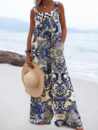  Dames Tuinbroek Actief Grafisch Mouwloos Mouwloos Breed Been Zak Knop Dagelijks Strand Ruim Passend blauw Wit Rood Zomer