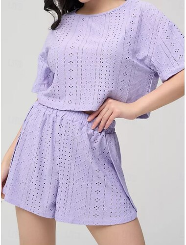  Dam Pyjamas set Ledigt Komfort Ren färg Elastisk midja Hål Shorts Dagligen Hem Kortärmad Rund hals Blå Svart Vit Rodnande Rosa Purpur Sommar Vår Lös passning