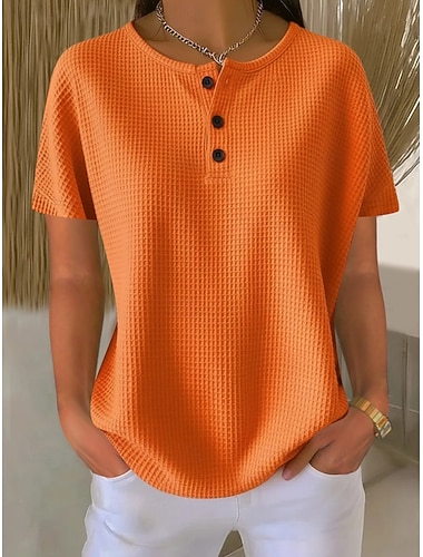  Dámské Nadměrné velikosti Tričko Trička Vaflově pletené topy Tlačítko Přední Bez vzoru Módní stylové Klasické Krátký rukáv Tričkový Henley Běžné topy Denní Jdeme ven Víkend Bílá Oranžová Léto Jaro