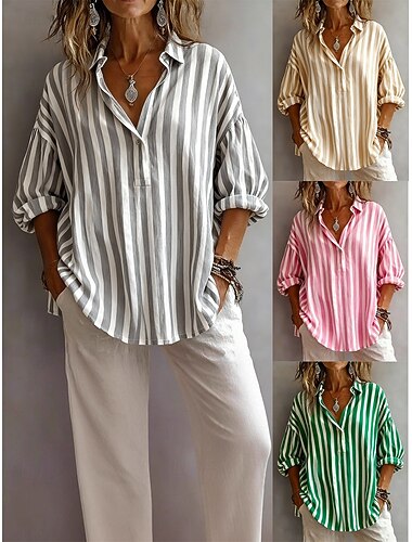  Femmes Chemisier Chemise en coton Faux coton lin Boutons Imprimé Rayé Quotidien Élégant Basique manche longue Col de chemise Hauts Réguliers Quotidien Rose Claire Vert Kaki Gris Été Printemps Automne