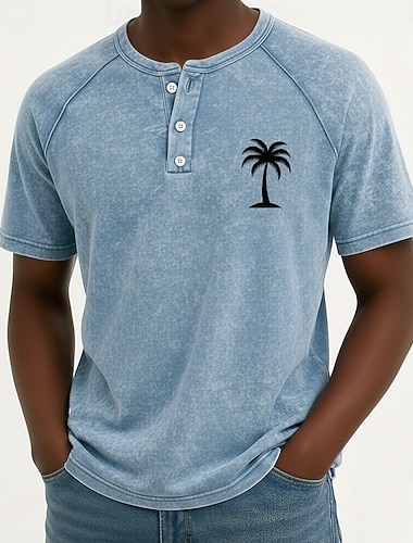  Voor heren Kokosnootboom Wijnoogst T-shirts Henley Top Gewassen overhemd Korte mouw Vintage Ontwerper Casual Casual Dagelijks Buiten Zomer Lente Alle seizoenen Licht Blauw Paars Grijs Henley