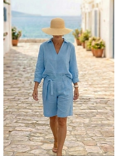  Per donna Camicia Set di biancheria in cotone Set da due pezzi Shorts da Spiaggia Manica Corta Scollo a V Tinta unica Coulisse Moda Streetwear Abbigliamento quotidiano Data Blu Cachi Grigio Estate