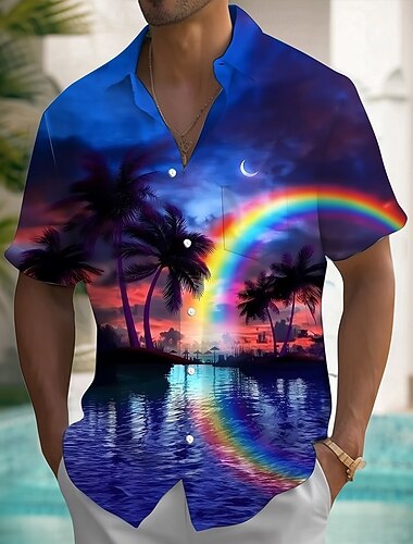  Per uomo Arcobaleno Albero di Cocco Paesaggio Camicia hawaiana estiva Camicia con Bottoni Camicia Aloha Manica Corta Hawaiano Vacanza Estate Primavera Collo ripiegato Stampa 3D camicie con colletto