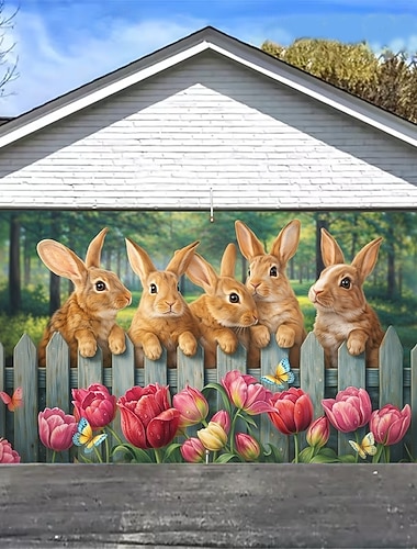  Garagenüberdachung mit Osterhasenmotiv, niedliche Häschen, die über den Lattenzaun lugen, Wanddekoration im Osterstil für eine festliche Frühlingsgestaltung, perfekt für die Feiertagsdekoration
