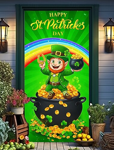  Décoration de porte pour la Saint-Patrick, lutin joyeux avec bière et or, fond arc-en-ciel, décoration d'entrée festive pour la célébration de la Saint-Patrick.