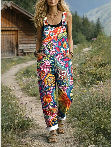  Damen Latzhose Aktiv Blumen Ärmellos Gerade mit Tasche Täglich Urlaub Lässiger Schnitt Blau Gelb Rote Sommer