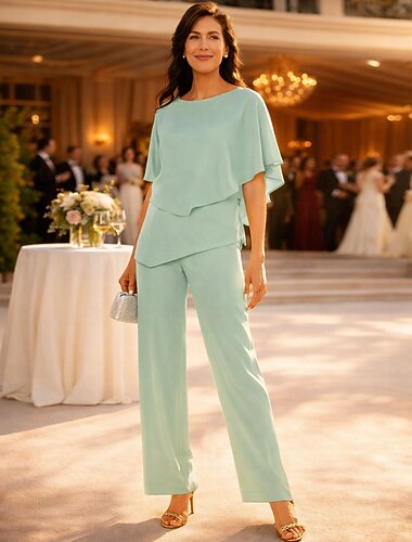  Tweedelig Tot de grond Moeder van de bruid jurk Korte mouw Met sieraad Elegant Petite Bruiloft gast Chiffon met Ruches