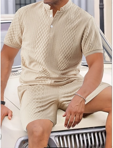  Herren T-Shirt Anzüge Trainingsanzug Tennishemd Shorts und T-Shirt-Set Kurze Ärmel Rundhalsausschnitt Sommer Einfarbig Geometrisch Gymnastik Lässig Henley Jacquard 2 teilig Lässig Urlaub