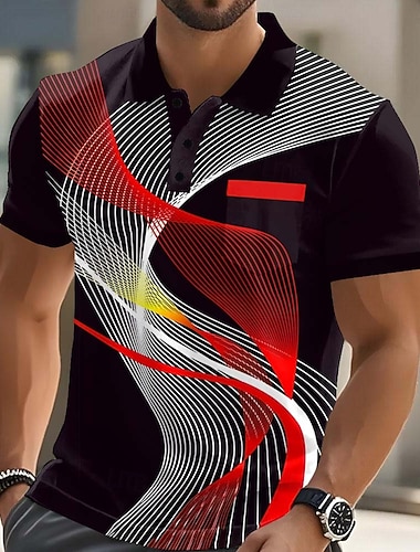  Herren Geometrisch Linie Polo Kurzarm Polo-Shirts Hemden mit Kragen Lässig Outdoor Athleisure Alltagskleidung 3D-Druck Knöpfe Sommer Blau Rote Purpur