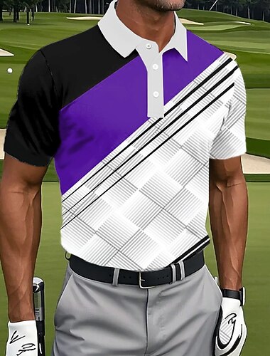  男性用 幾何学的な ゴルフ スポーツポロシャツ 半袖 ポロシャツ ラペル カジュアル アスレイジャー 3Dプリント ボタン 夏 ブルー パープル グリーン