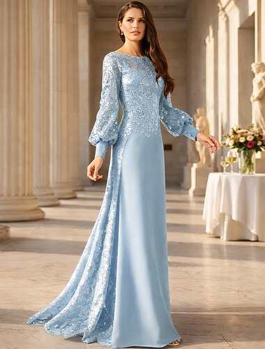  Ligne A Longueur au sol Robe d'invité de mariage Robe de Cérémonie Robe de soirée Robe de Mère de Mariée  manche longue Bijoux Élégant Formel robe demoiselle d honneur Chiffon Pailleté avec Paillettes