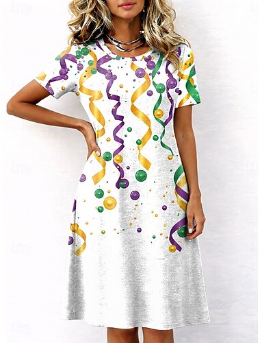  Carnaval Mardi gras Dames Halflange jurk Hemdjurk T shirt jurk Zomerjurk Casual Dagelijks Normale pasvorm Grafisch Abstract Korte mouw Strakke ronde hals Wit Paars Groen Zomer Lente