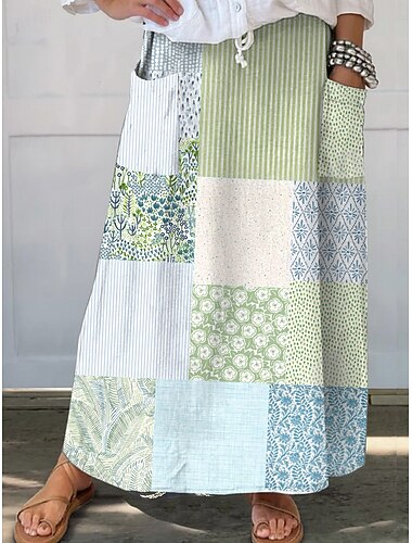  Dames Casual Maxi Midi Linnenachtig Taillerokken Bloem Patchwork Inelastic Dagelijks Vakantie Blauw Groen Zomer Polyester