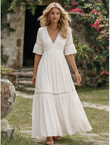 Damen Maxikleid A Linie Kleid Sommerkleid Lässig Täglich Normale Passform Einfach Halbarm V Ausschnitt Weiß Sommer