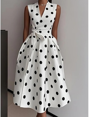  Dame Midikjole Uformell kjole Arbeidskjole Prikkete kjole Elegant Mote Moderne utendørs Feriereise Ut på byen Normal Punkt Ermeløs V-hals Svart Hvit Sommer Vår