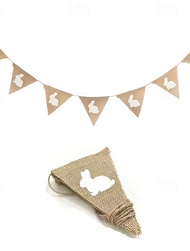  2 conjuntos de bandeirolas triangulares de juta para decoração de festa de Páscoa.