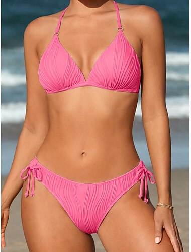  Mulheres Roupa de Banho Biquíni 2 partes Slip roupa de banho Frente Única Férias Roupa de Praia Tecido Halter pescoço Sem Manga Fatos de banho
