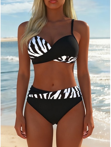  Dámské Plavky Bikiny 2 ks Odvážné Plavky Štíhlý Volná záda prázdniny Oblečení na pláž Zebra tisk Do V Bez rukávů Plavky