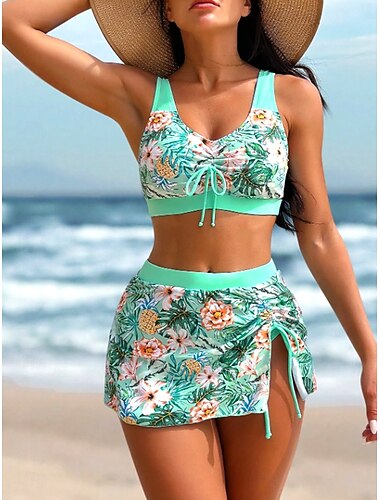  Dames Zwemkleding Tankini Rok Zwempak Elegant Vakantie Bloemig Grafisch V-hals Mouwloos Badpakken