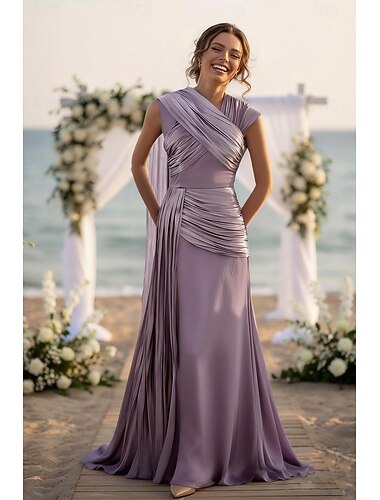  Linjeform Gulvlengde Gjestekjole til bryllup Kappekjole Overskjørtkjole Gjestekjoler til bryllup Elegant Daglig Ermeløs Cowl-hals Hage fest Bryllup med Kryssdrapering Plissert Bølgemønster