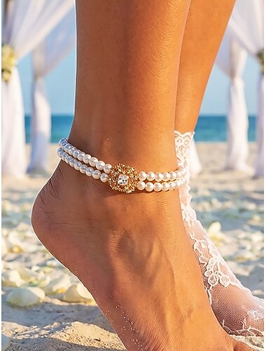  Ankelkjede i kunstperler med krystalldetaljer til dame, elegant flerfarget perledesign, justerbare ankelsmykker til strandbryllup, sommerfester, brudekjoler og ferieantrekk